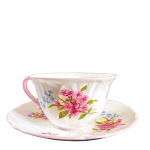 Shelley England Fine Bone China Stocks‎ 13428 Dainty Tea Cup Saucer Set Pink Rim